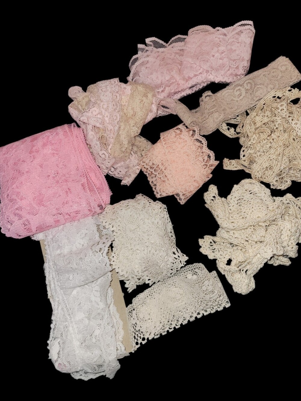 Vintage Sewer's Bundle Of Lace Trim Including Crocheted Lace Lot Pink Cream
